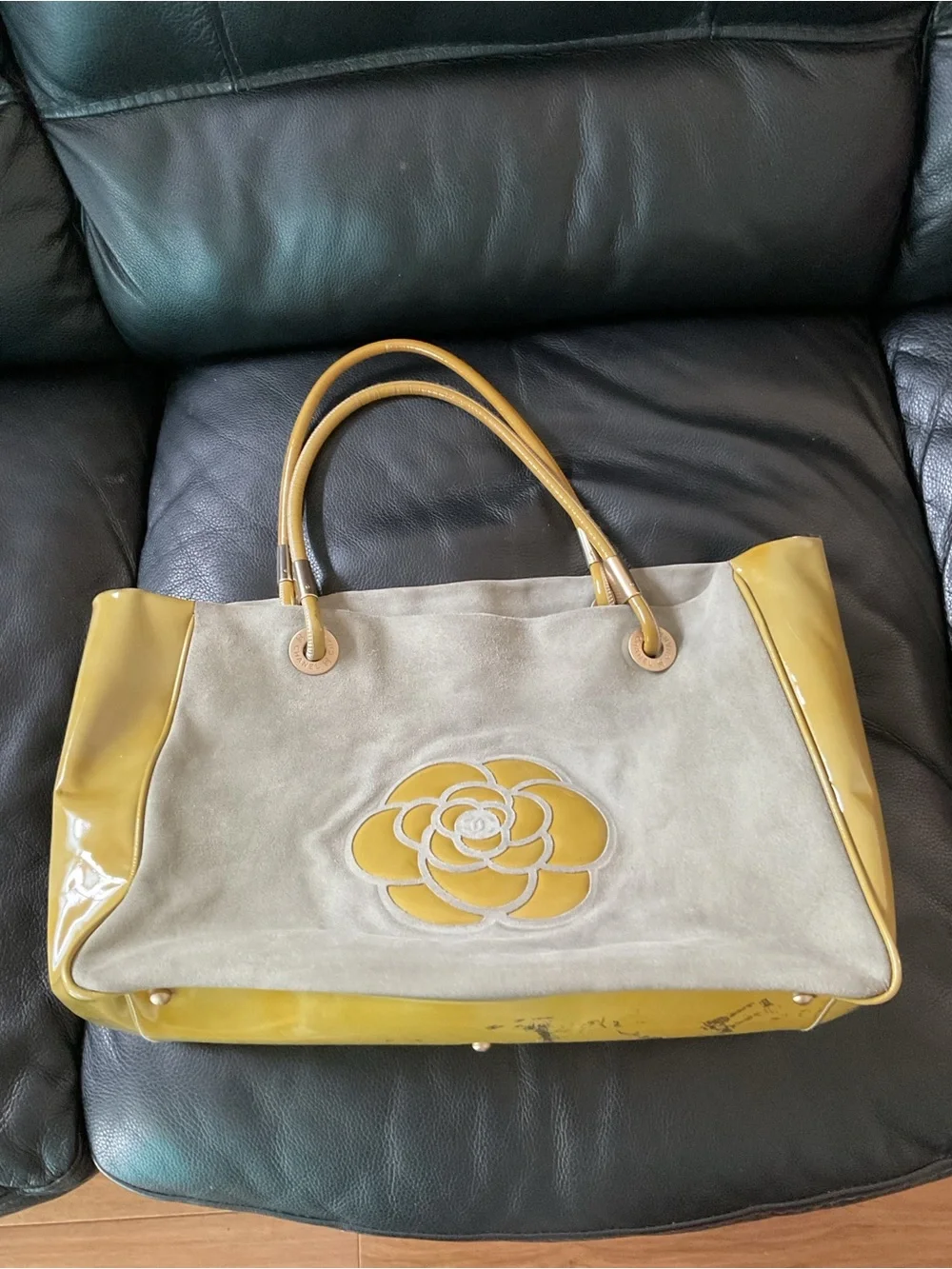 CHANEL Beige Suede Tote with Mustard Patent Trim and Camellia